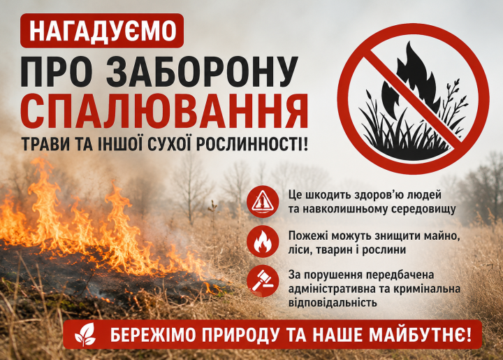 Нагадуємо про заборону спалювання трави та іншої сухої рослинності!